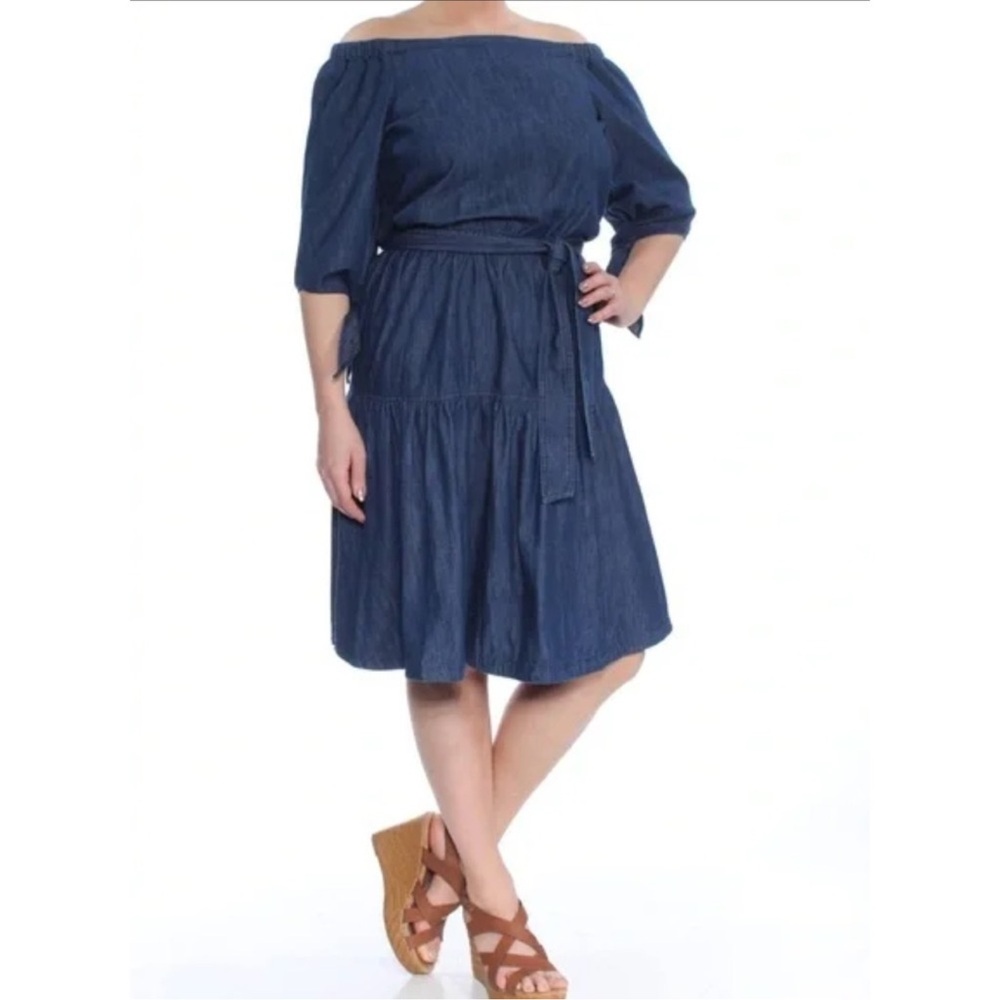 Ralph Lauren Amanthia Denim Chambray Off Shoulder Dress Size 14 Blue Casual EUC